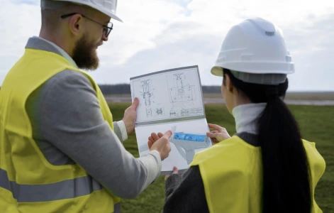 Workers conducting an environmental safety inspection at an industrial site to ensure a safer, sustainable future.